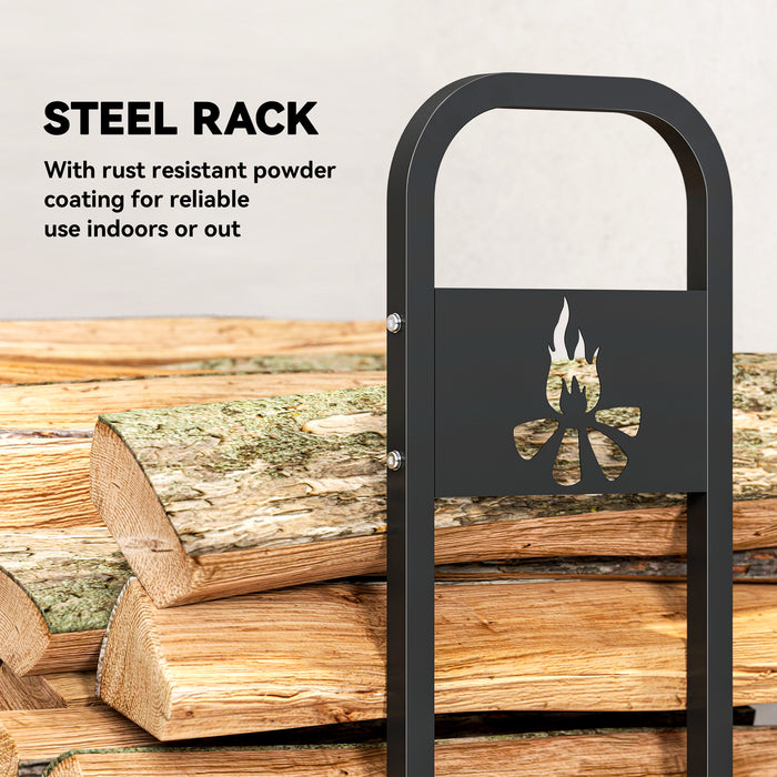Outsunny 6.5 FT Steel Firewood Log Rack with 300 kg Capacity, Heavy Duty Indoor Outdoor Fireplace Wood Storage Shelf, Log Holder/Stand with Extra Support Legs, Decorative Bonfire Pattern, Black