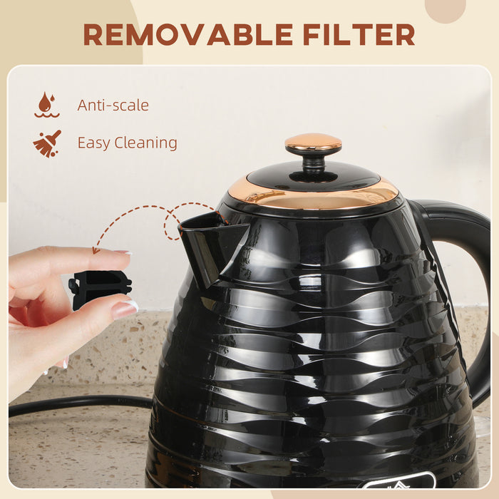 HOMCOM Electric Kettle, 1.7L, Fast Boil, 3kW Water Kettle with Removable Washable Anti-scale Filter, Auto Shut-off, 360° Swivel, BPA Free, Black Water Ripple Texture
