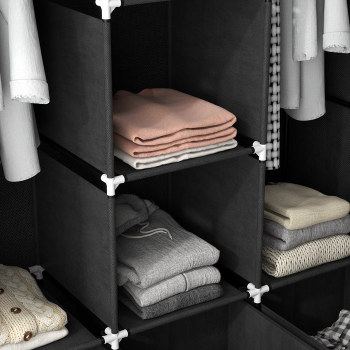 HOMCOM Foldable Fabric Wardrobe for Bedroom, Portable Wardrobe with 5 Shelves, 2 Hanging Rails and 3 Fabric Drawers, Black