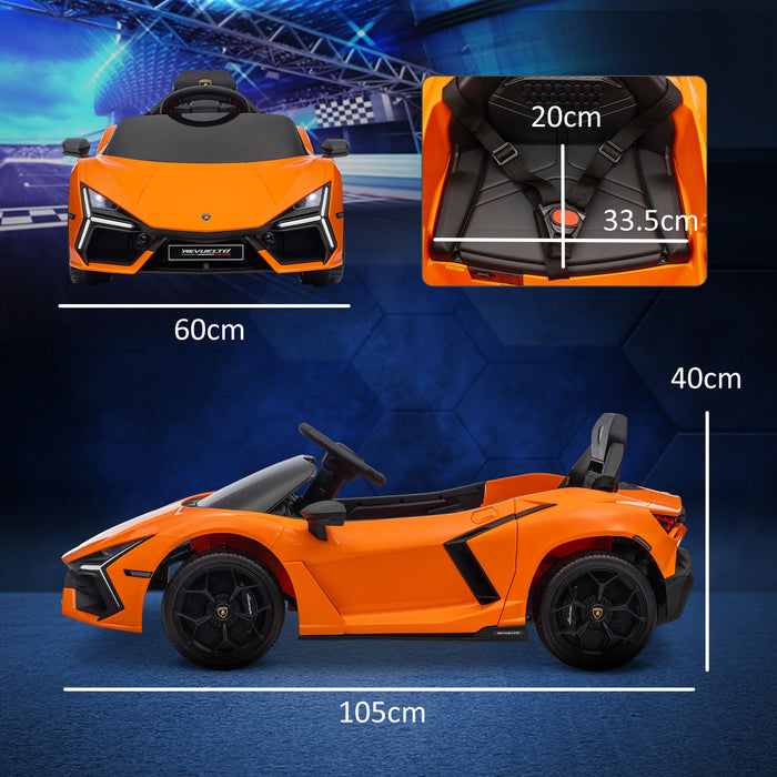 AIYAPLAY Lamborghini Revuelto Licensed 12V Ride on Car w/ Butterfly Doors Training Wheels, Suspension, Remote Control Orange | Aosom UK