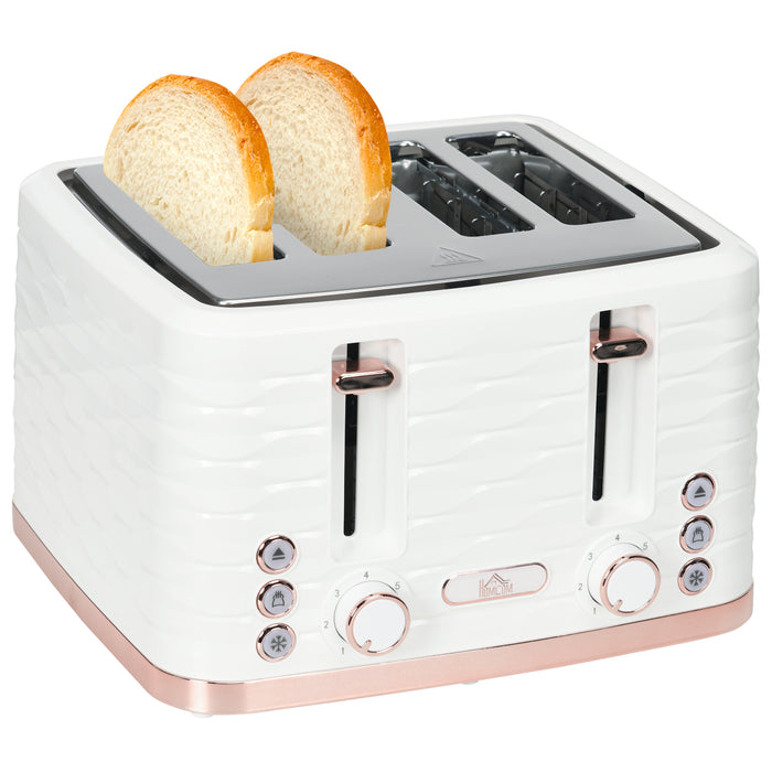 HOMCOM 4 Slice Toaster with 7 Browning Levels, High Lift, Reheat/Defrost/Cancel, Self-centring Function, Removable Crumb Tray, Auto Off, 1600W, Cream White Water Ripple Texture