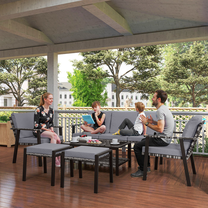 Outsunny 5 Piece Rattan Garden Furniture Set with 3-Seater Sofa 2 Chairs and 2 Footstools - Grey