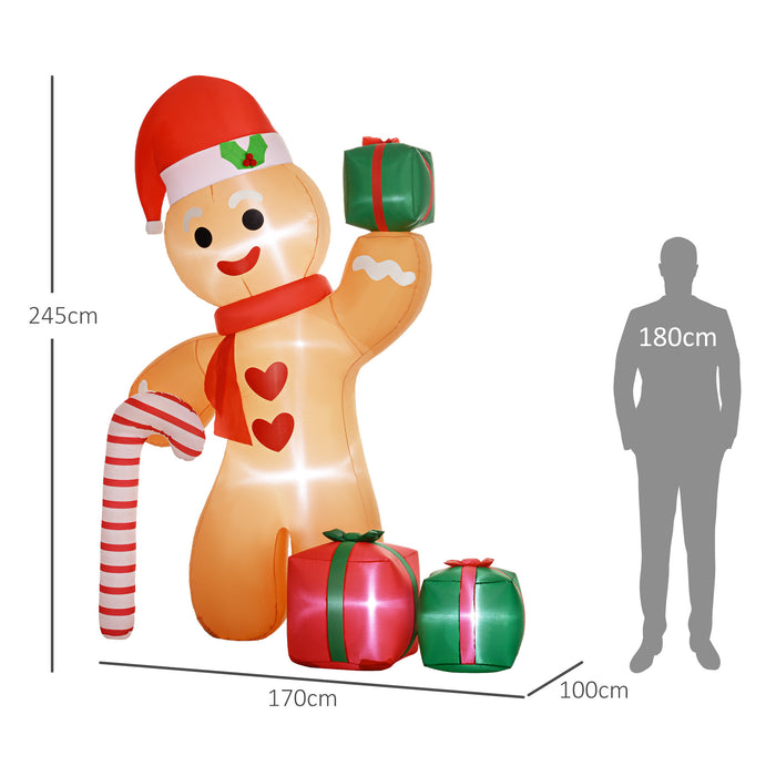 Outsunny 8FT Christmas Inflatable Gingerbread Man with Candy Cane and Three Gift Bags, Christmas Blow Up Outdoor LED Display for Garden Party