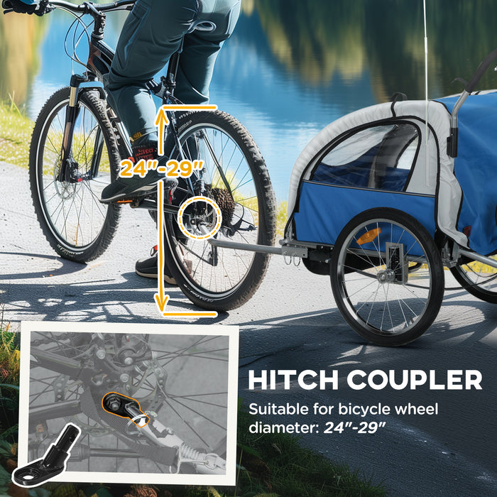 HOMCOM 2 Seat Bike Trailer with 5 Point Harness, Baby Bike Stroller with Safety Flag, Reflectors, for 18+ Months, Blue