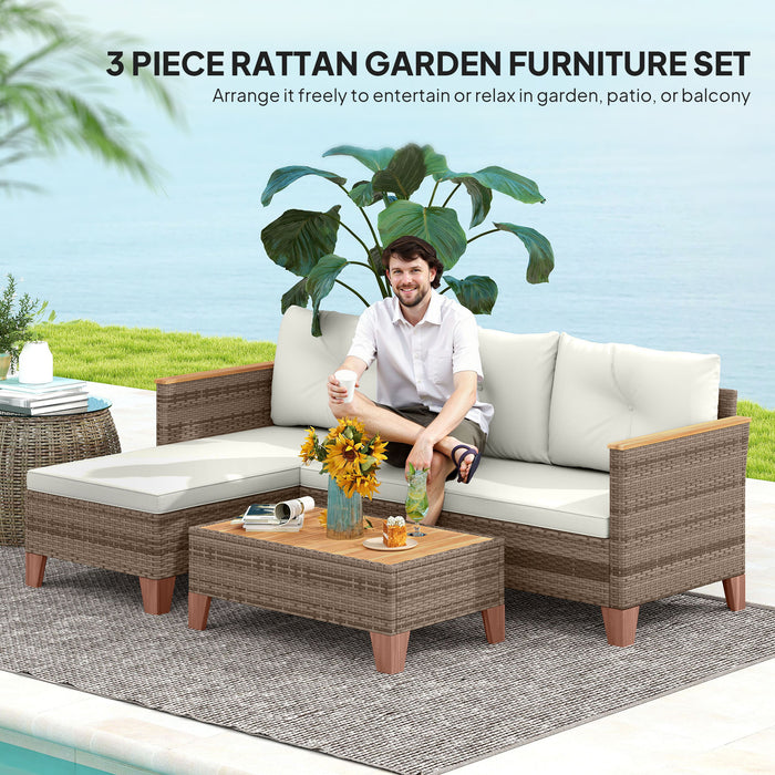 Outsunny 3 Pieces Rattan Garden Furniture Set, L Shaped Garden Conversation Chaise Lounge Furniture with Wood Top Coffee Table and Thick Cushions, Cream
