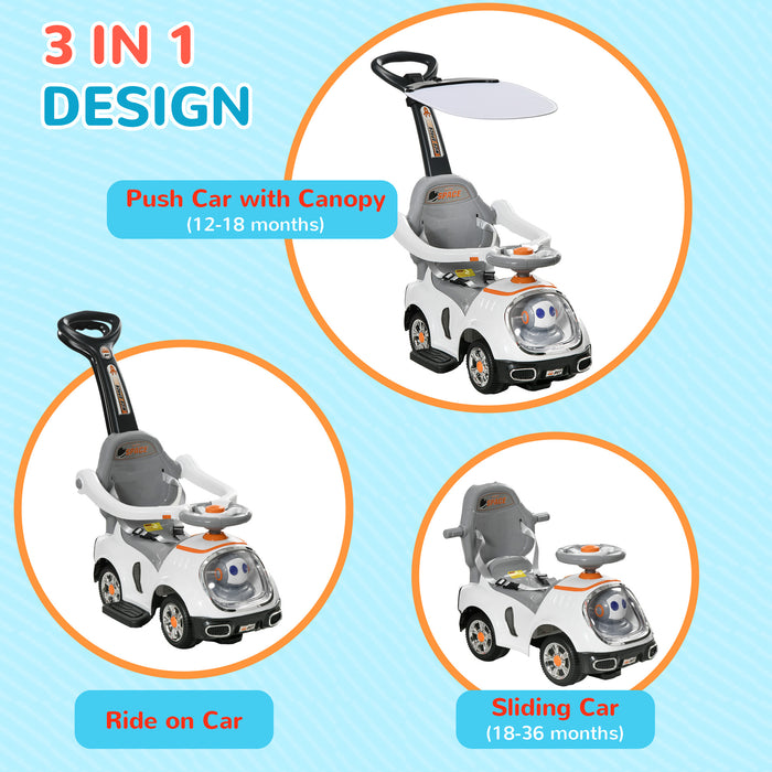 3-in-1 Cartoon Robot Ride-On Push Car - Foot-to-Floor Slider with Handle, Light-Up Features, Music, and Horn - Versatile Toy with Storage for Toddlers