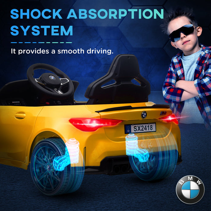BMW M4 Kids Ride-On Car - 12V Battery-Powered with Remote Control, Suspension, Music Player, Horn, LED Lights - Interactive Playtime for Children in Bright Yellow