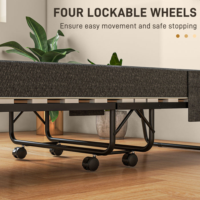 HOMCOM Folding Bed with Mattress, Foldable Guest Bed on Wheels, Portable Single Bed with 10cm Mattress, Side Pockets, Cover, 190 x 80cm, Dark Grey