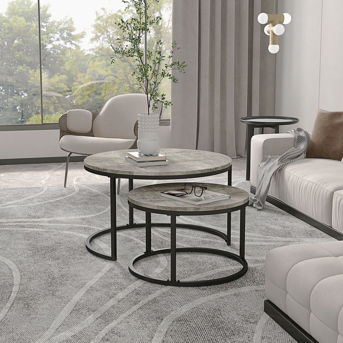 Round Nesting Coffee Table Duo - Faux Cement Finish with Robust Steel Frame - Ideal for Living Room Space Optimization