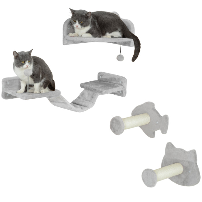 PawHut 4PCs Cat Wall Shelves with Steps, Ladder, Jumping Platforms, Light Grey | Aosom UK