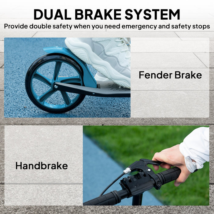 HOMCOM One-click Folding Kick Scooter for 14+ w/ Adjustable Handlebar, Push Scooter with Kickstand, Dual Brake System, Blue