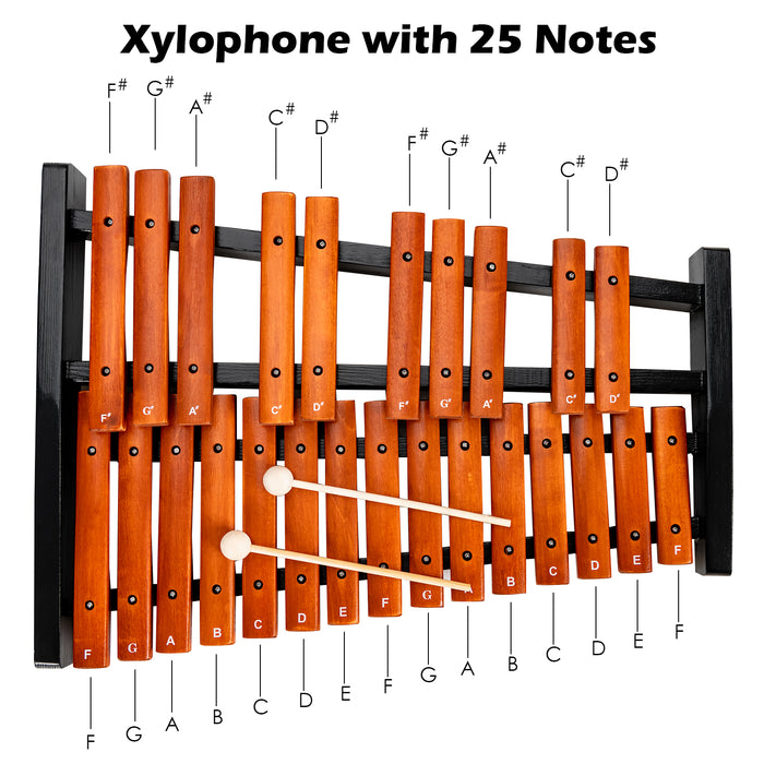 25 Notes Wooden Frame Xylophone with 2 Beaters and Carrying Bag