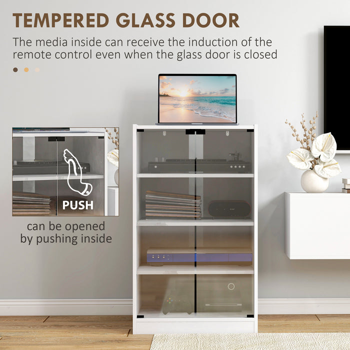 HOMCOM 4-Tier Hi-Fi Stand,  Record Player Stand with Adjustable Shelves and Push-to-Open Glass Doors, White Wood-Effect