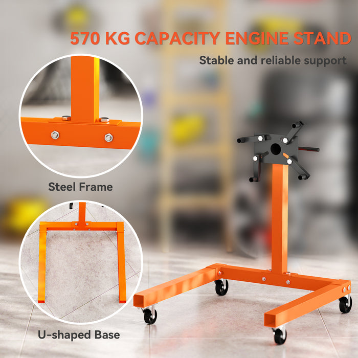 HOMCOM Engine Stand, 570 kg Rotating Engine Stand with 360 Degree Adjustable Head, 4 Mounting Arms, Heavy Duty Steel Support, Universal Wheels for Garage Workshop Auto Repair, Orange
