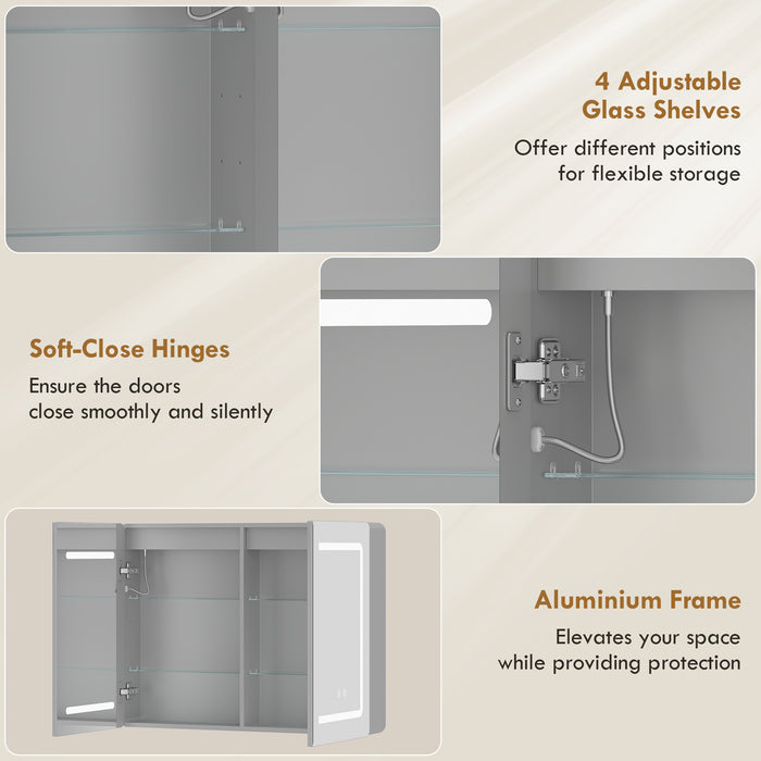 HOMCOM Mirrored Bathroom Cabinet with LED Lights, 60 x 80 cm Bathroom Mirror Cabinet with Anti-Fog, 3 Colour Dimmable Lighting