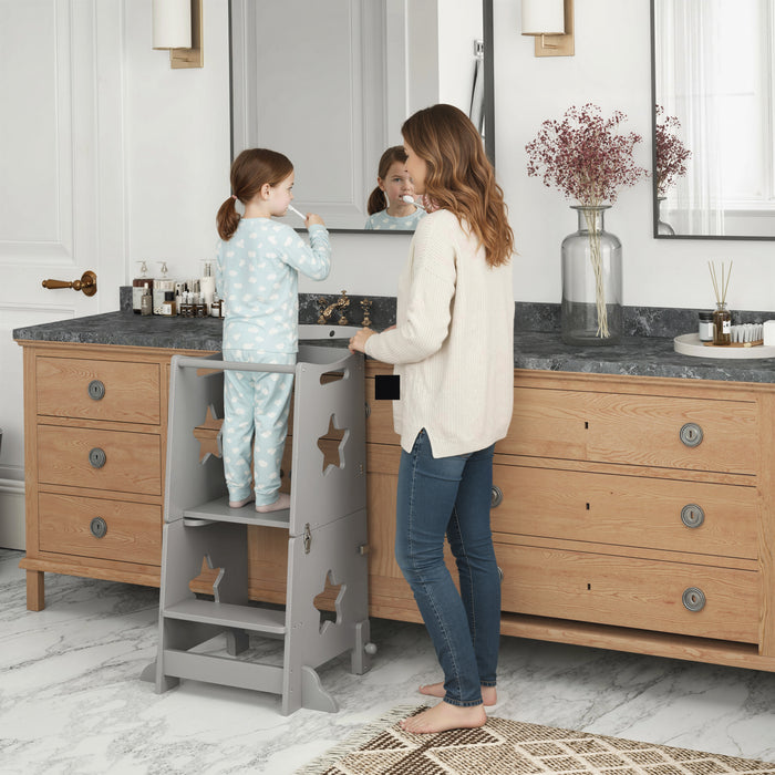 AIYAPLAY 2-in-1 Toddler Step Stool with Safety Rail for Kitchen, Bathroom, Grey