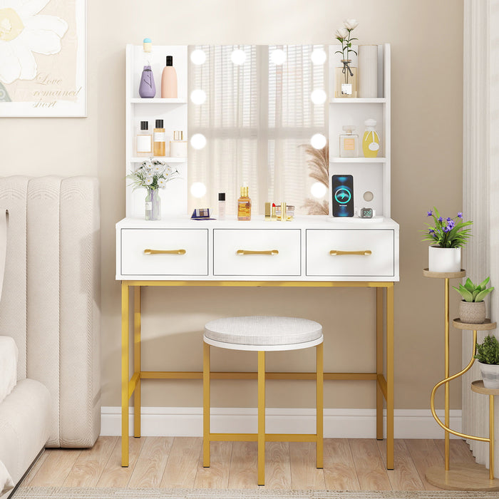 Makeup Dressing Table and Cushioned Stool Set with Power Outlets-