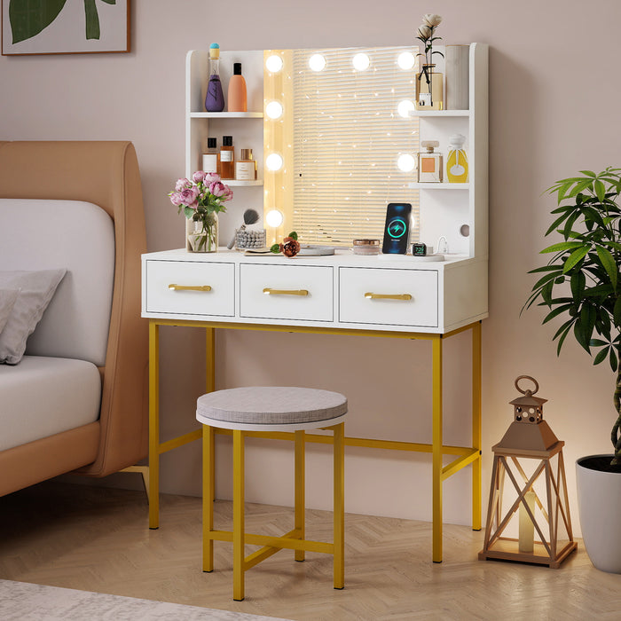 Makeup Dressing Table and Cushioned Stool Set with Power Outlets-