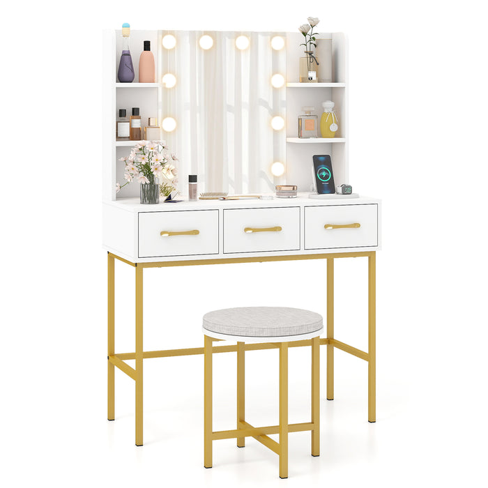Makeup Dressing Table and Cushioned Stool Set with Power Outlets-