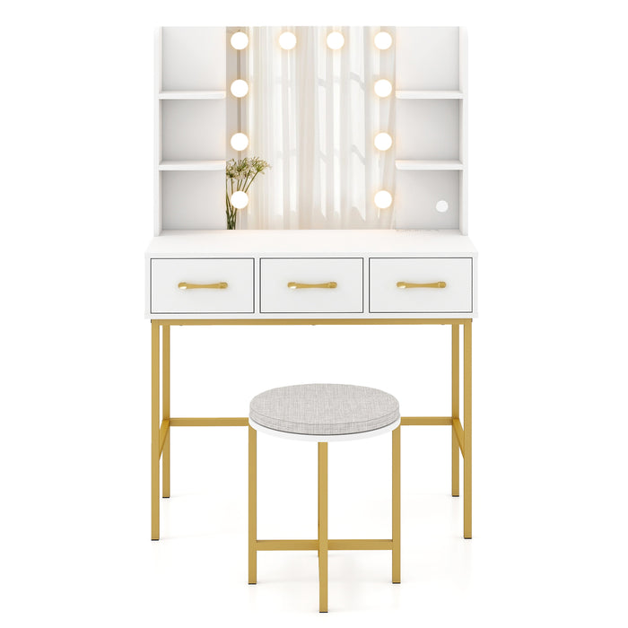 Makeup Dressing Table and Cushioned Stool Set with Power Outlets-