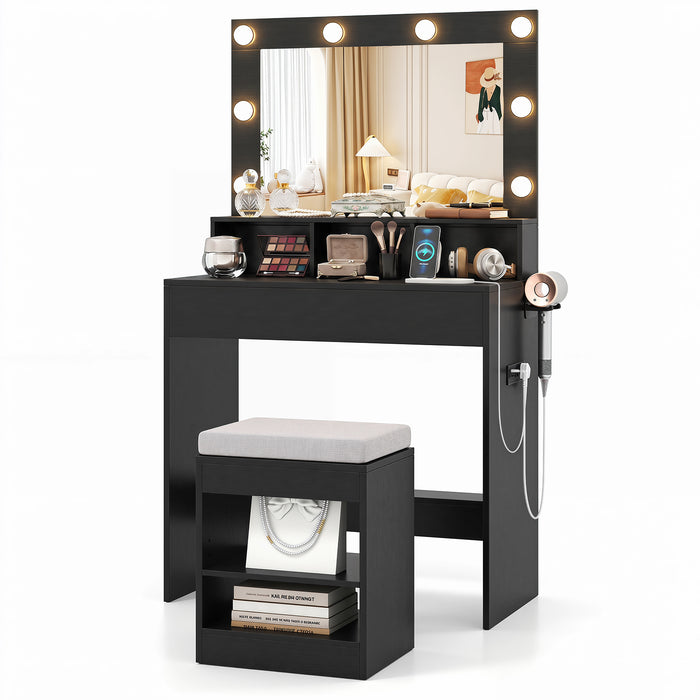 Makeup Vanity Desk Set with Mirror and Lights and Stool 3-Color LED-White