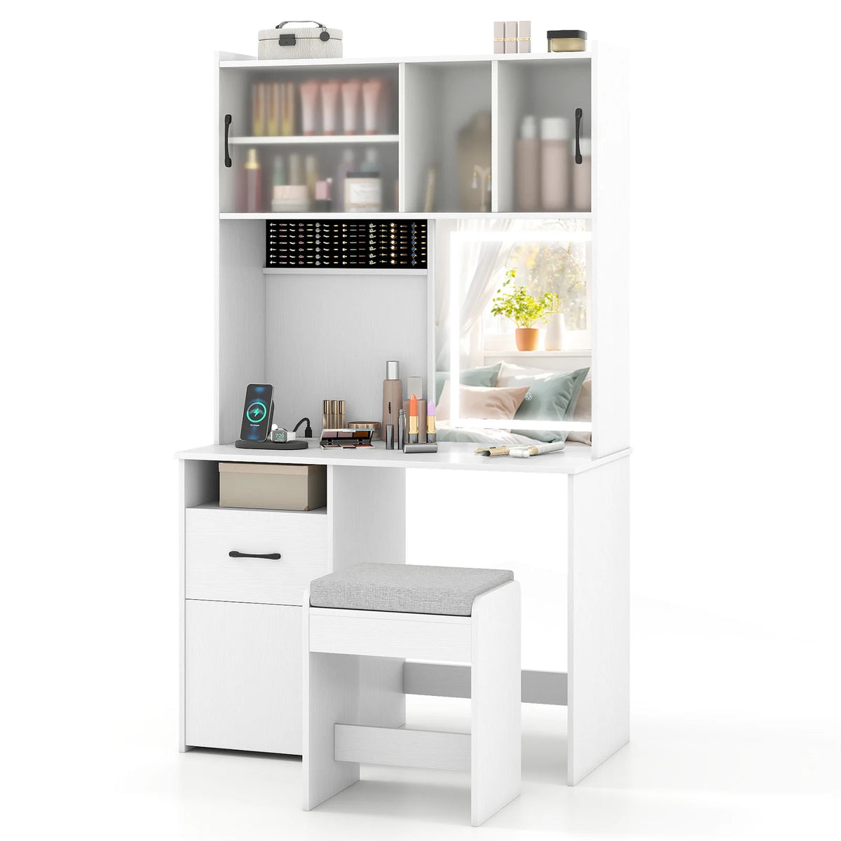 Makeup Dressing Table with Power Outlets and Jewelry Storage-