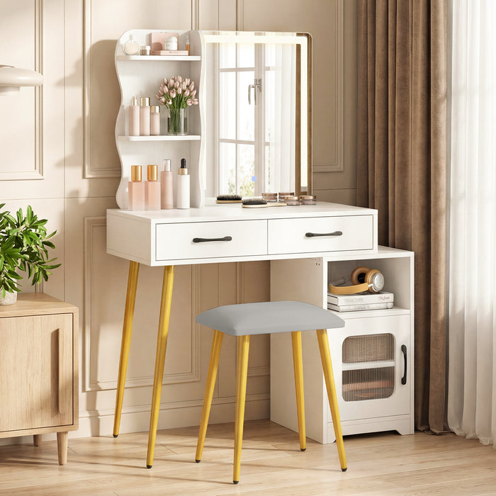 Makeup Dressing Table with Reversible Cabinet and 3 Light Colors-