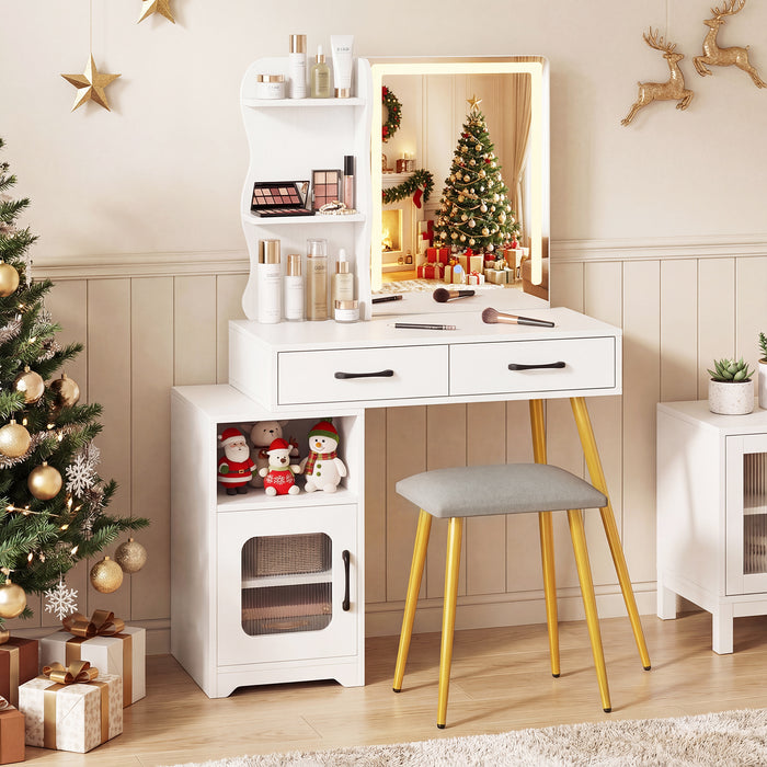 Makeup Dressing Table with Reversible Cabinet and 3 Light Colors-