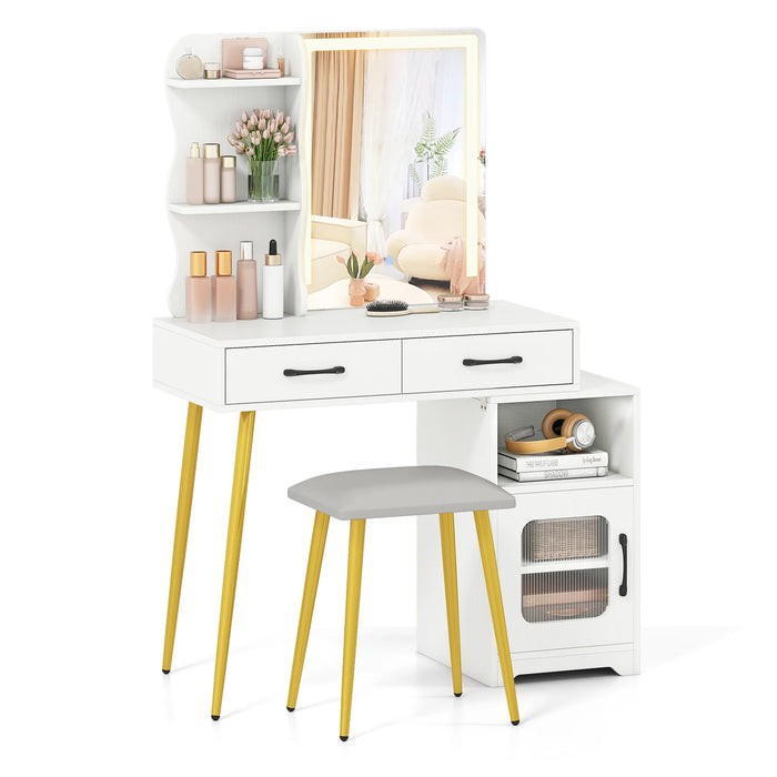 Makeup Dressing Table with Reversible Cabinet and 3 Light Colors-