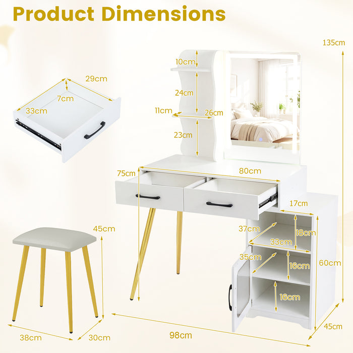Makeup Dressing Table with Reversible Cabinet and 3 Light Colors-