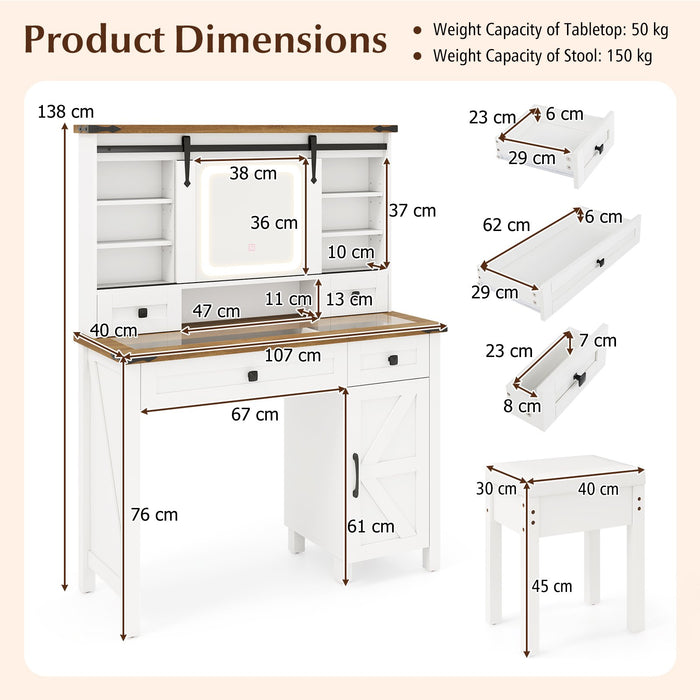 Makeup Vanity Desk and Stool Set with Sliding Mirror and Cabinet-