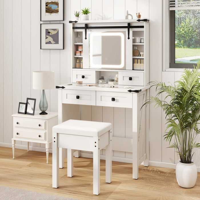 Makeup Vanity Desk and Stool Set with Mirror and Lights-White