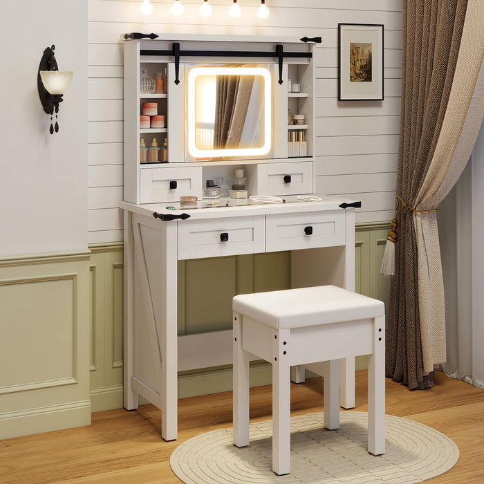 Makeup Vanity Desk and Stool Set with Mirror and Lights-White