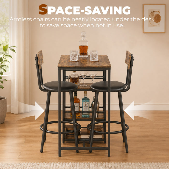 HOMCOM Space Saving Bar Table and PU Leather Stools for 2, 3 Piece Breakfast Bar Table Set with Storage Shelves, Rustic Brown