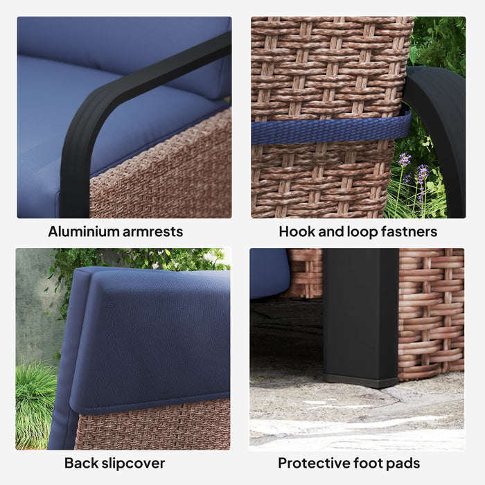 Outsunny Rattan Garden Recliner Chair, Reclining Rattan Chair with Adjustable Backrest and Footrest, Outdoor Lounge Sun Lounger with Cushion, Side Tray and Aluminium Armrests, Brown/Blue