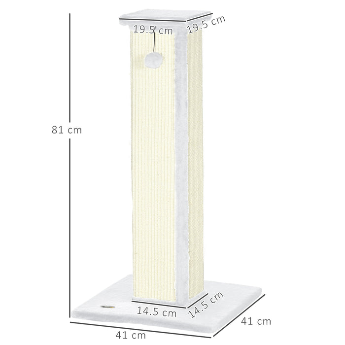 PawHut 81cm Cat Scratcher, Vertical Full Scratcher w/ Natural Sisal Rope, Hanging Ball, Soft Plush - White