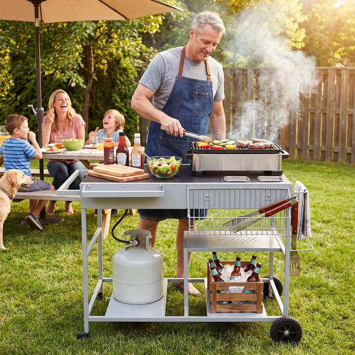 Metal Rolling Food Prep Cart with Mesh Side Panel and Topping Station for Backyard-