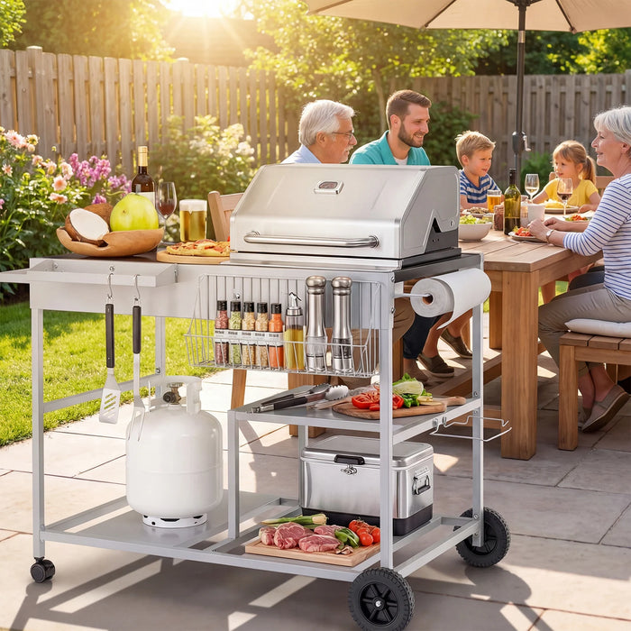 Metal Rolling Food Prep Cart with Mesh Side Panel and Topping Station for Backyard-