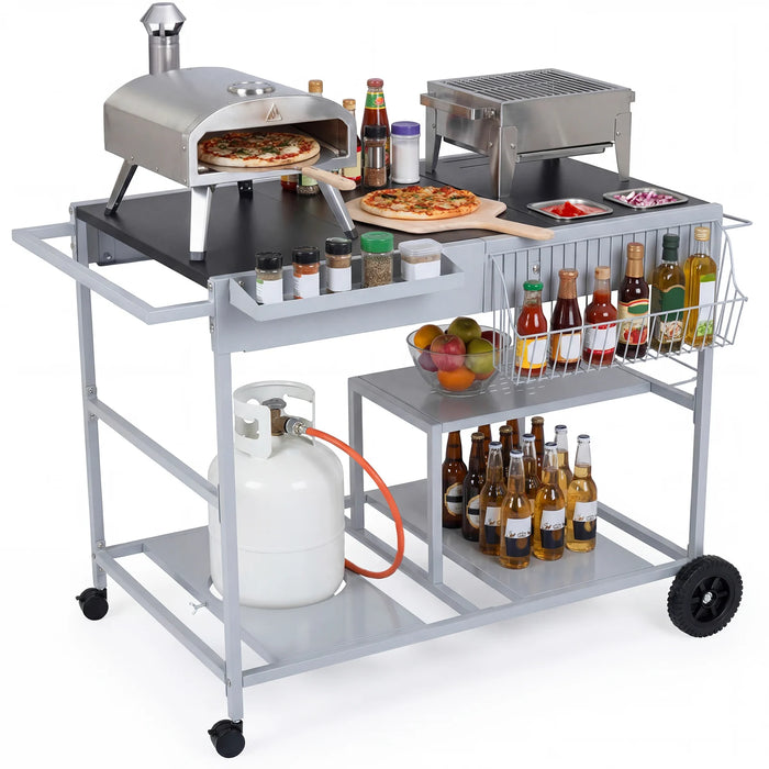 Metal Rolling Food Prep Cart with Mesh Side Panel and Topping Station for Backyard-