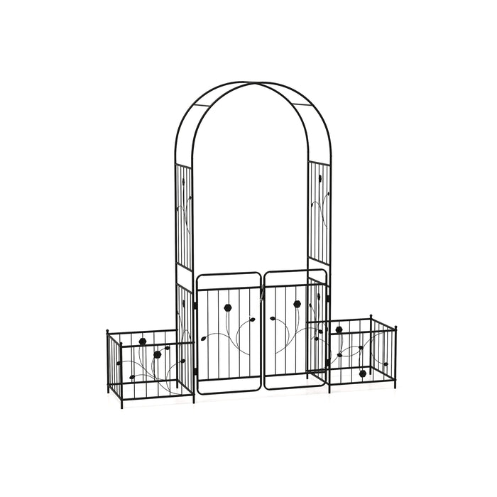 Metal Garden Arbor with Lockable Gate - 220cm Metal Arch Trellis with Side Planters - Ideal for Entryways and Climbing Plants