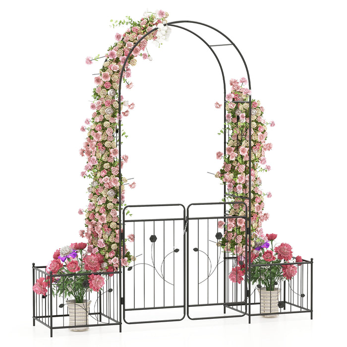 Metal Garden Arbor with Lockable Gate - 220cm Metal Arch Trellis with Side Planters - Ideal for Entryways and Climbing Plants