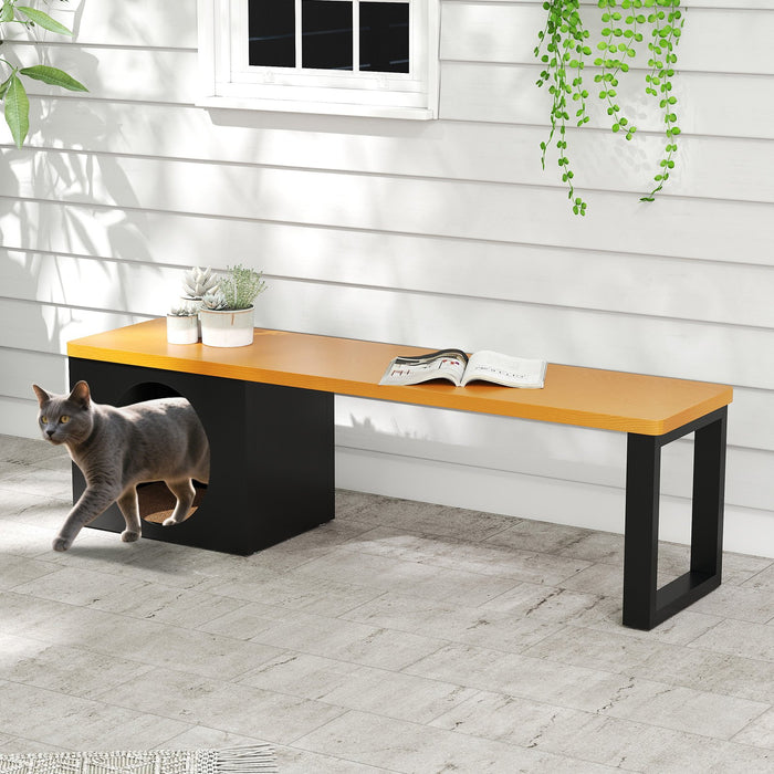 150 CM 3-Person Long Outdoor Metal Bench with Cat House and Scratching Pad-