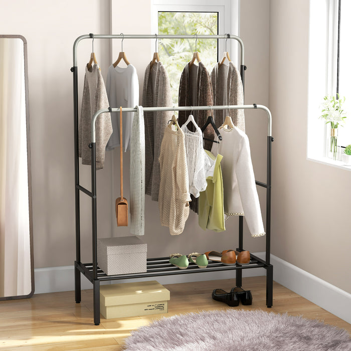 Sturdy Metal Clothes Stand - Rack with 2 Rods, Convenient Shoe Shelf - Perfect for Space Utilization and Wardrobe Organization