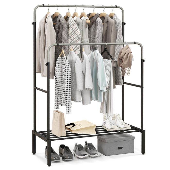 Sturdy Metal Clothes Stand - Rack with 2 Rods, Convenient Shoe Shelf - Perfect for Space Utilization and Wardrobe Organization