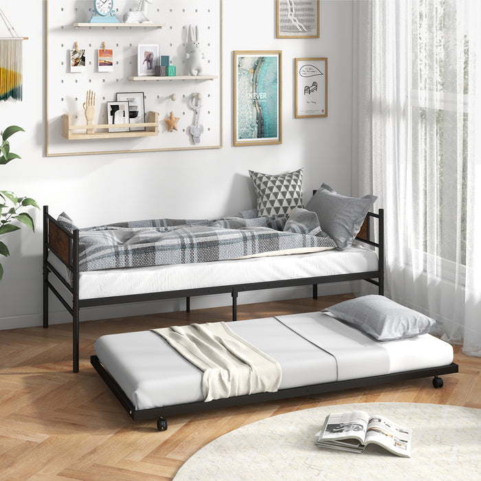 Metal Daybed with Pull-out Trundle Sofa Guest Bed with Wheels-