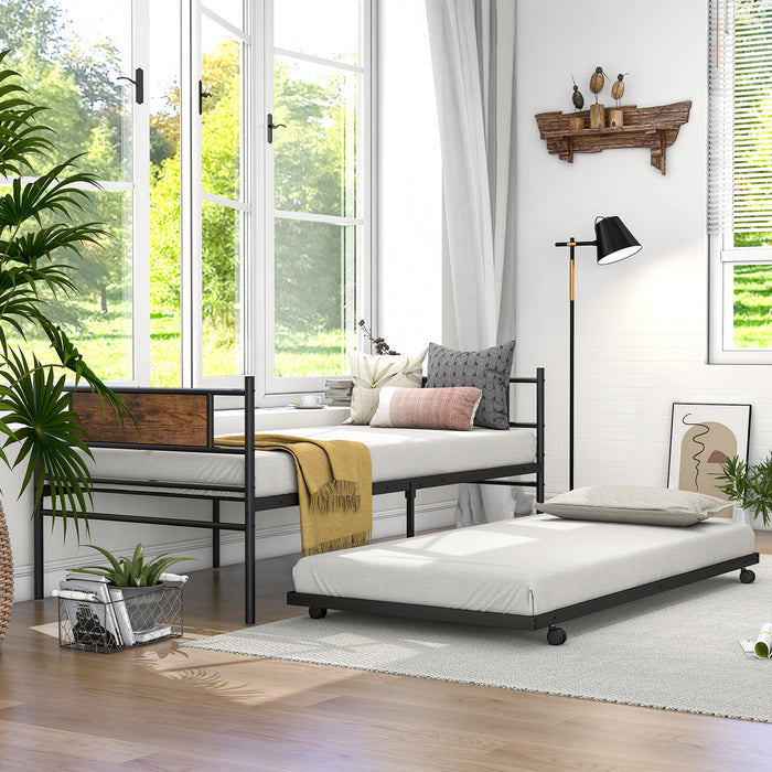 Metal Daybed with Pull-out Trundle Sofa Guest Bed with Wheels-