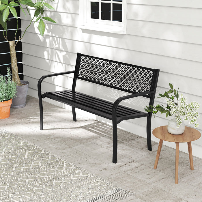 Metal Outdoor Garden Patio Bench with Geometric Lattice Backrest-Grey