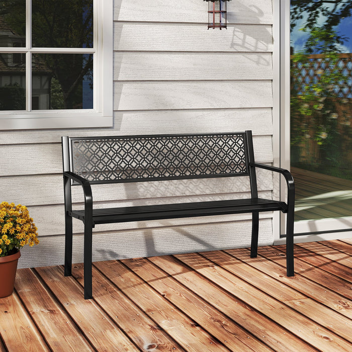 Metal Outdoor Garden Patio Bench with Geometric Lattice Backrest-Grey