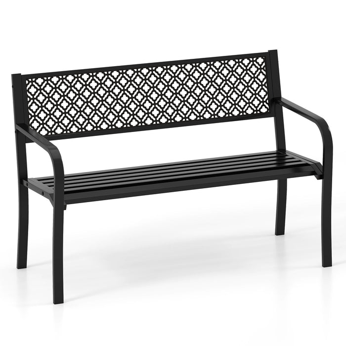 Metal Outdoor Garden Patio Bench with Geometric Lattice Backrest-Grey