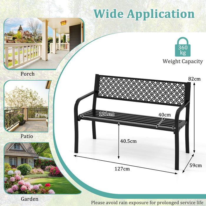 Metal Outdoor Garden Patio Bench with Geometric Lattice Backrest-Grey